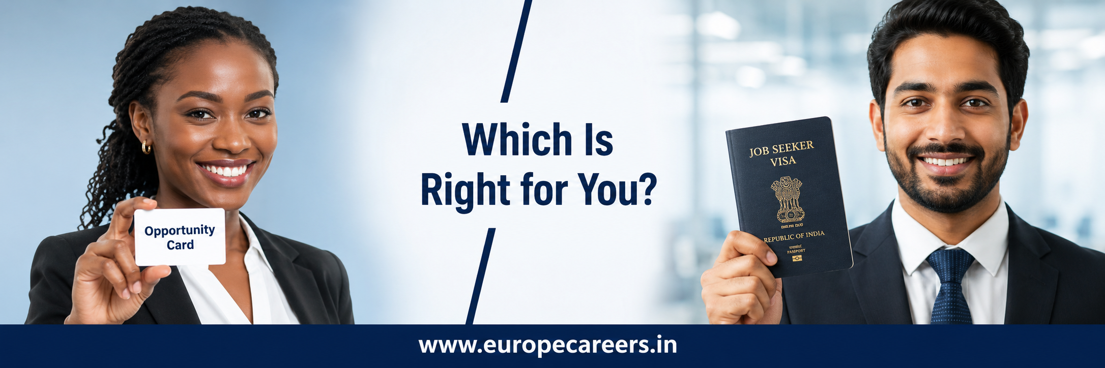 Professional illustrated web banner explaining the Germany Opportunity Card points system. The design features a modern scorecard checklist with icons representing education qualification, age criteria, language proficiency, and work experience, each assigned point values. Styled in a clean navy blue and gold corporate palette with the website www.europecareers.in
 displayed at the bottom center.