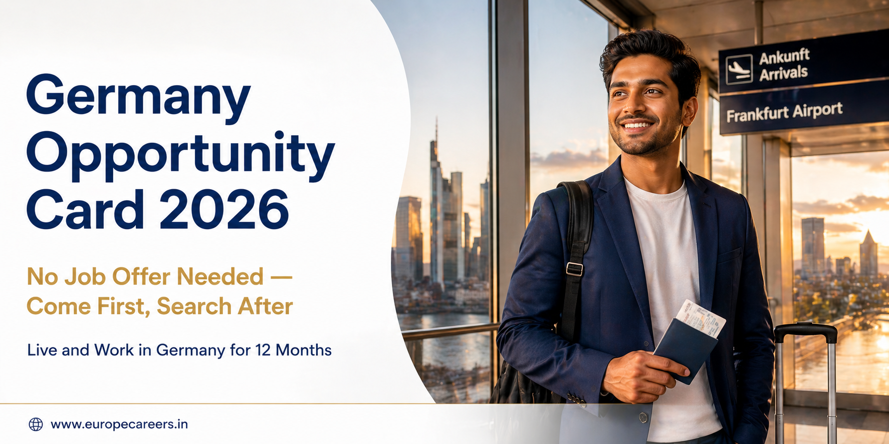 Young Indian professional standing at Frankfurt Airport arrivals gate with cabin bag promoting Germany Opportunity Card 2026 by Europe Careers