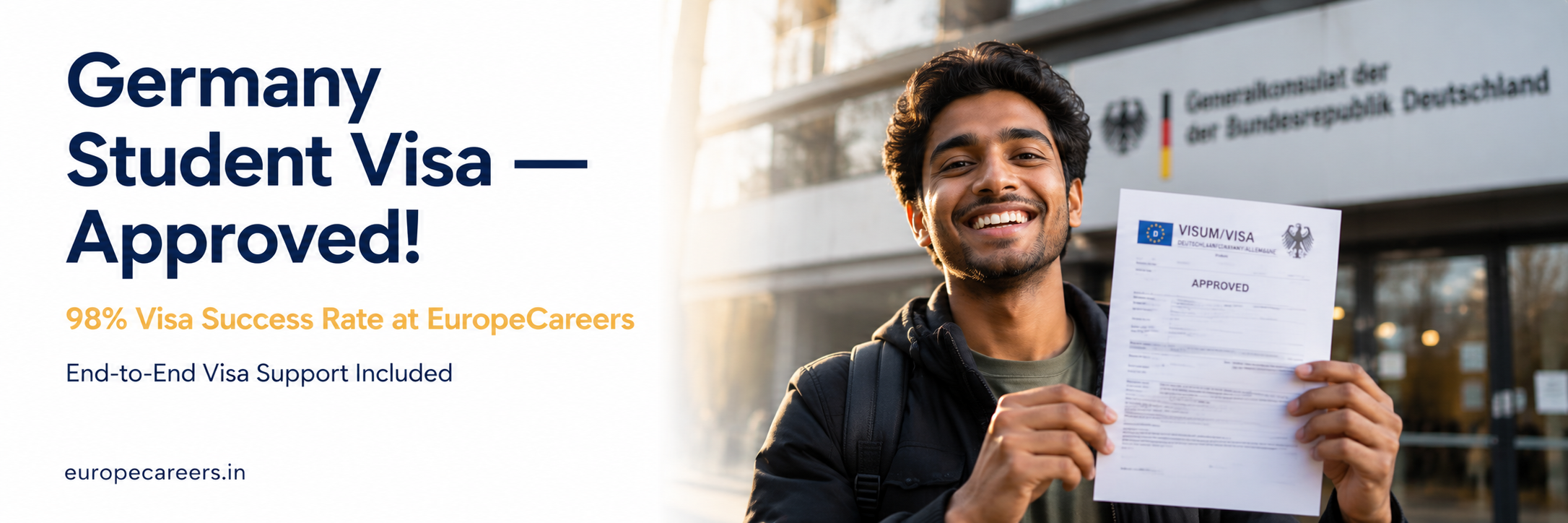 Photorealistic web banner showing an excited Indian student holding a Germany student visa approval letter outside the German consulate with Europe Careers visa support branding.