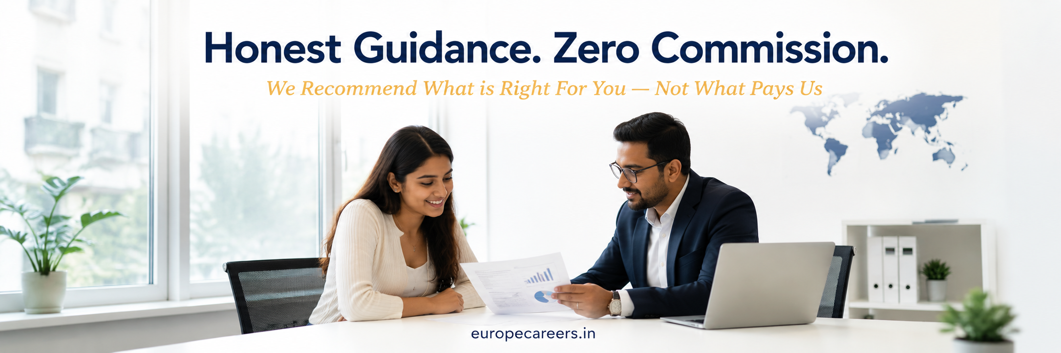 Professional education consultancy banner showing an Indian student and counsellor reviewing documents together in a modern office with the text “Honest Guidance. Zero Commission.”