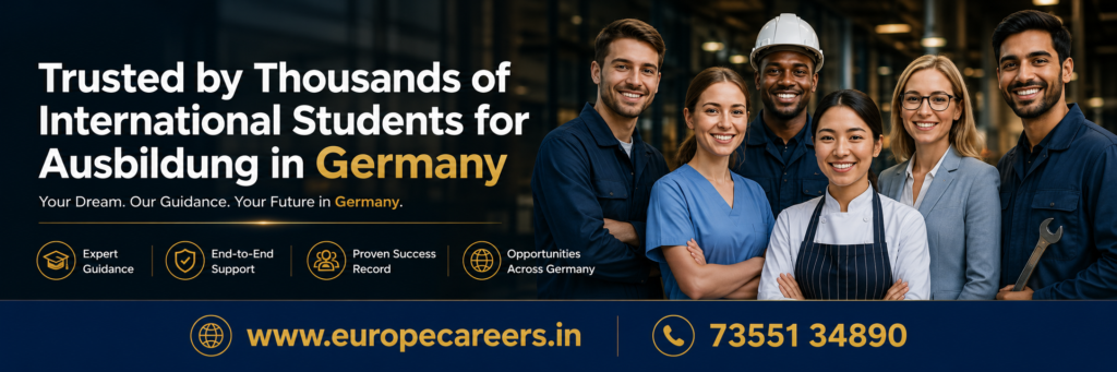 Professional Europe Careers web banner featuring diverse young professionals in work uniforms with the headline “Trusted by Thousands of International Students for Ausbildung in Germany” on a dark navy overlay, including contact number 73551 34890 and website www.europecareers.in