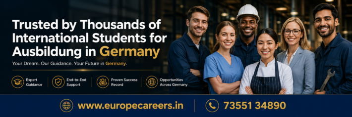 Professional Europe Careers web banner featuring diverse young professionals in work uniforms with the headline “Trusted by Thousands of International Students for Ausbildung in Germany” on a dark navy overlay, including contact number 73551 34890 and website www.europecareers.in