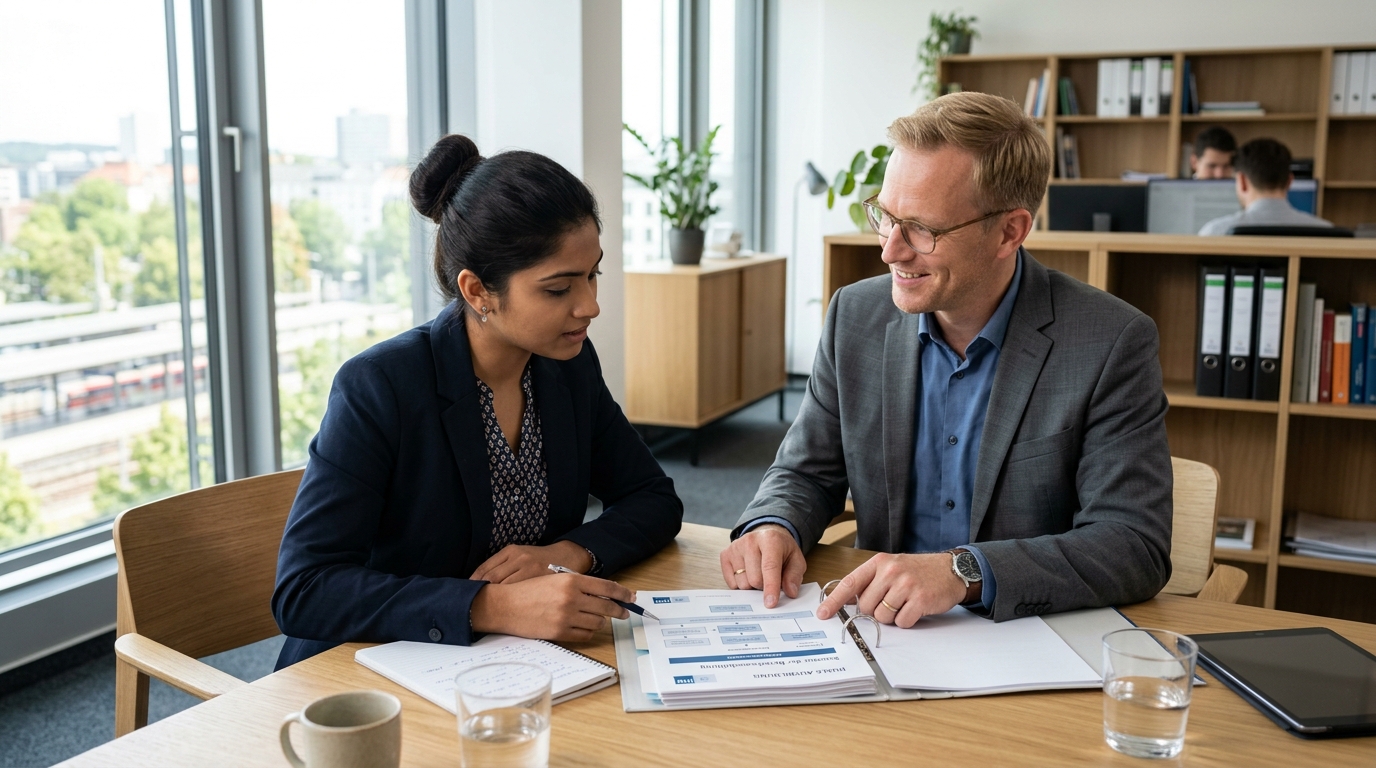 From India to Germany: Best Ausbildung Courses & Career Pathways (2026 Guide) 2 Indian candidate discussing 2026 Ausbildung intake pathways with a Europe Careers counselor