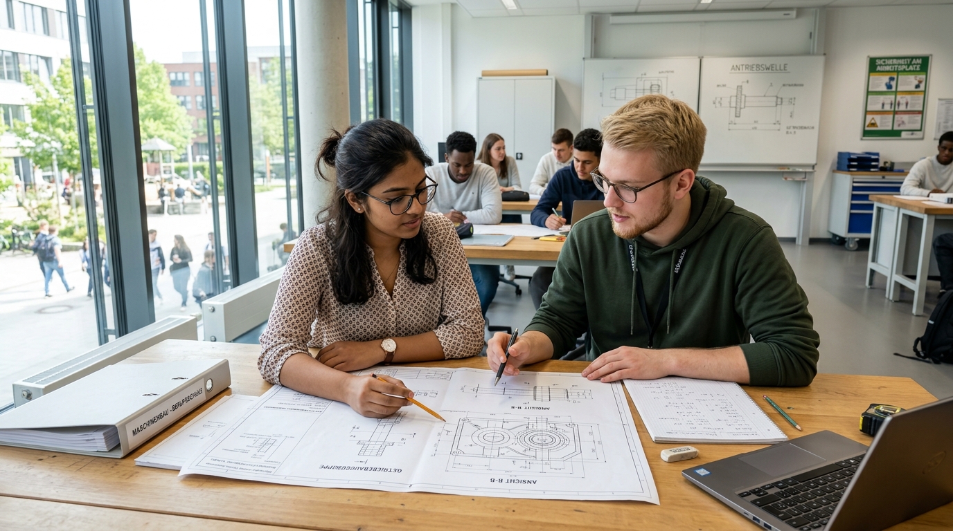 From India to Germany: Best Ausbildung Courses & Career Pathways (2026 Guide) 4 Indian student collaborating on technical blueprints in a German vocational school classroom