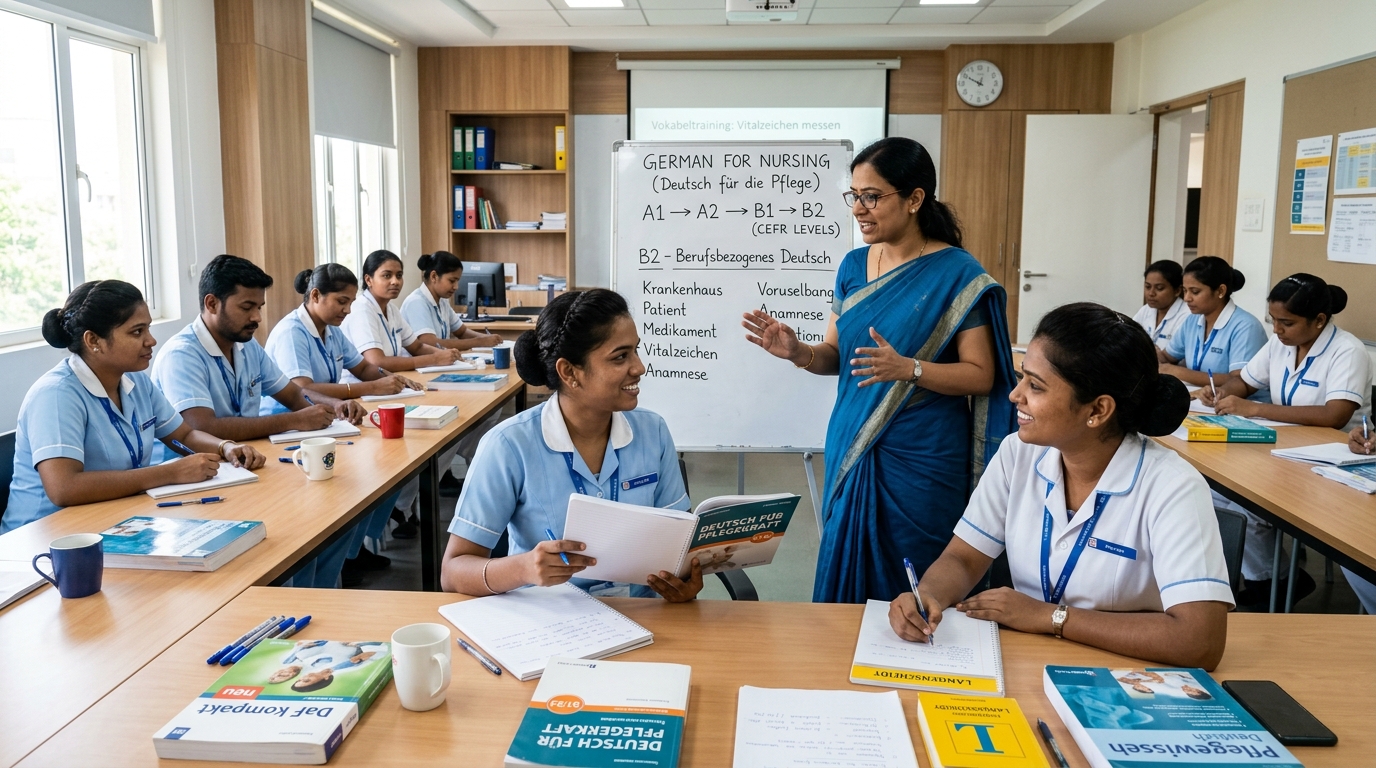 Indian nurses learning German language for nursing careers in Germany