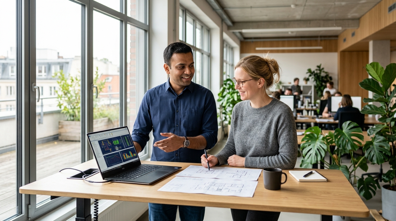 Indian professional communicating with German colleagues at work