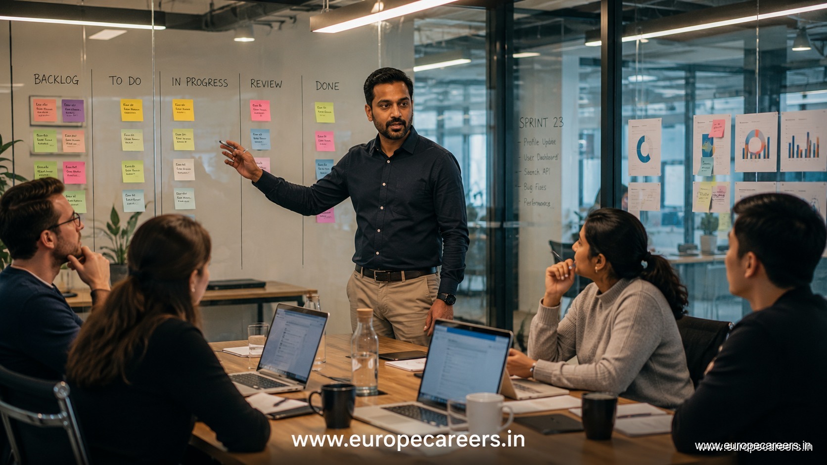 Indian professional communicating with German colleagues at work