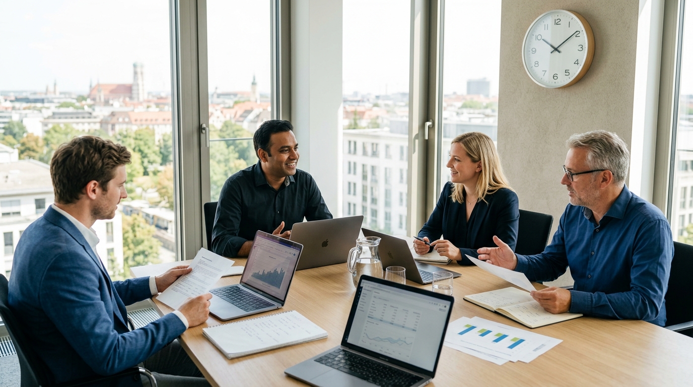 Indian professional attending a meeting in a German workplace